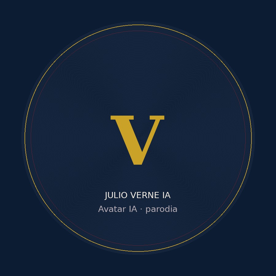 Retrato del avatar Julio Verne IA, con barba blanca y levita azul marino